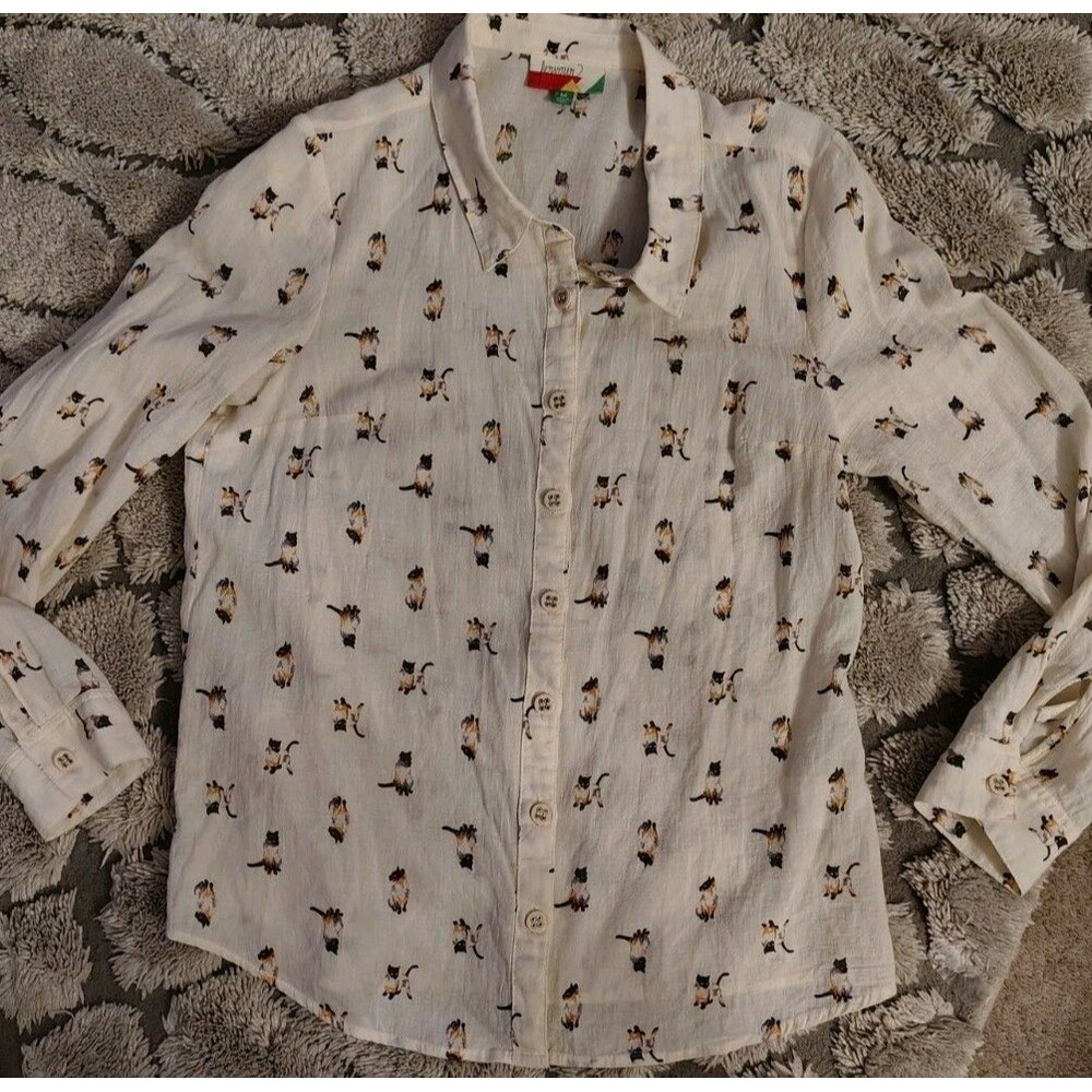 Fervour Blouse Size M Siamese Cats Long Sleeve Button Collar 100% Cotton - Picture 3 of 6
